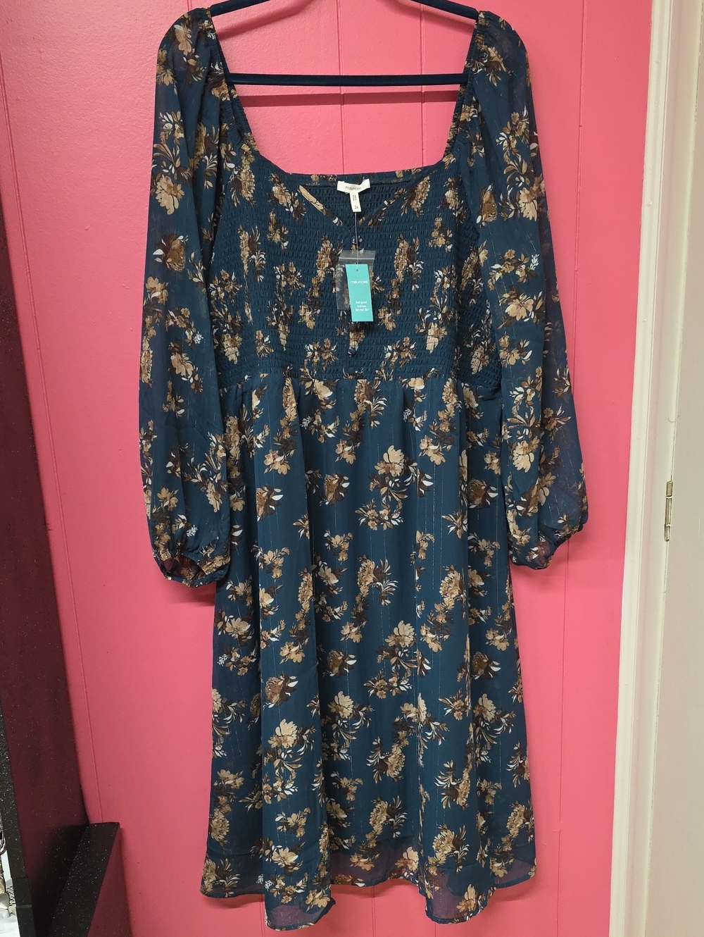 Maurices Teal Floral Long-Sleeve Midi Dress